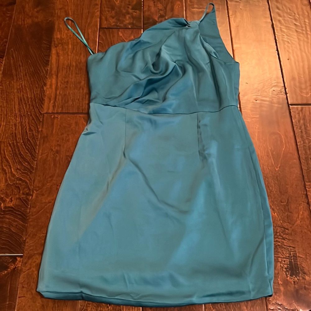 dark teal party dress with front rushing, size large, from small boutique